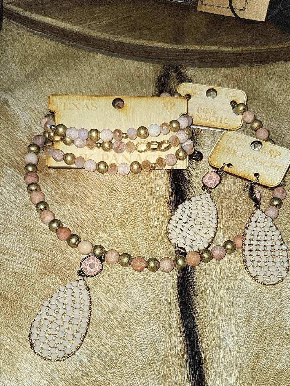 Panache Gold and Blush Beaded Teardrop Necklace and Earring Set